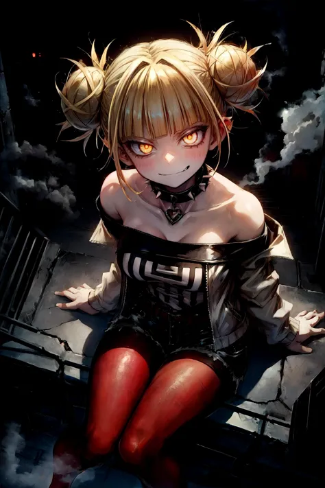 dark, red pantyhose, masterpiece, best quality, 1girl, toga himiko, boku no hero academia\(series\), yellow eyes, tired eyes, glowing eyes, evil smirk, blonde hair, double bun, spiked collar, metallic jacket, off-shoulder, asymmetrical shirt, short shorts, sitting, foreshortening, underground dance club, neon lights, extreme close-up, fog, from above,