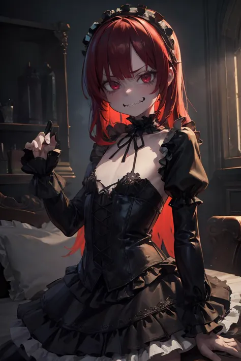 (masterpiece, best quality), 1girl, red hair, medium chest, gothic frill dress, pervert face,