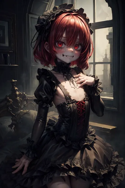 (masterpiece, best quality), 1girl, red hair, medium chest, gothic frill dress, pervert face, <lora:add_detail:1>