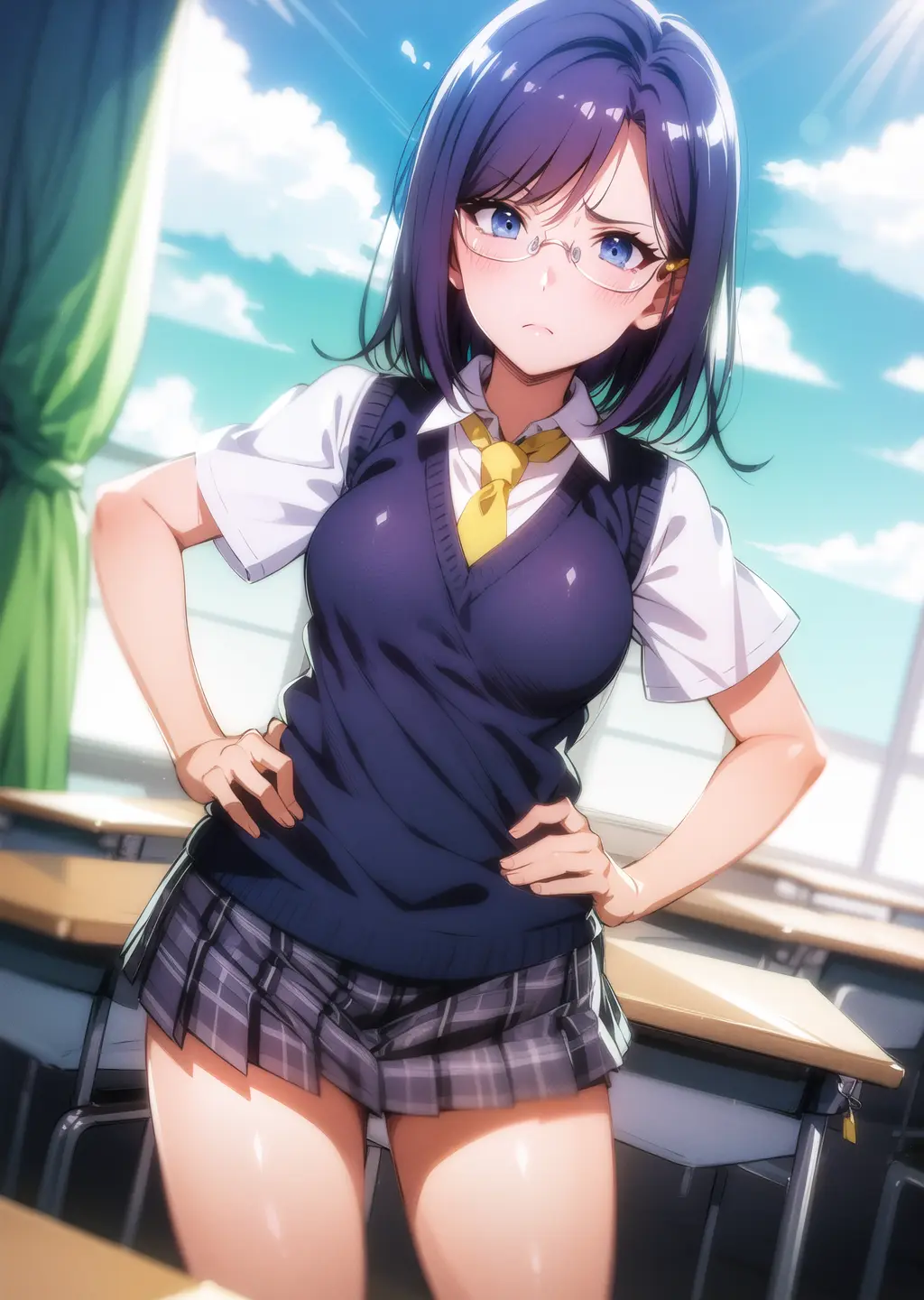 masterpiece, best quality, ultra detailed, illustration,  dark blue hair, blue eyes,  round glasses,  dark blue sweater vest, yellow necktie, dress shirt, pleated skirt, short sleeves, blush, embarrassed, dramatic shadows, looking at viewer,  cinematic lighting, school, desks, hands on hip, furrowed brow, frown, windows, sky, clouds, curtains,