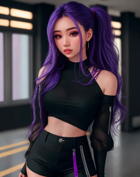 a woman with purple hair and black top posing for a picture