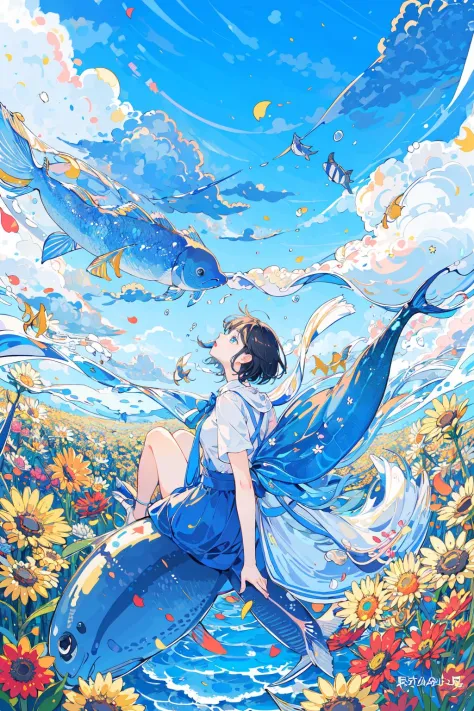 (masterpiece:1.2), best quality,PIXIV, 
fairy tale style, 1girl, cloud, solo, sky, black hair, fish, flower, bubble, blue sky, s...