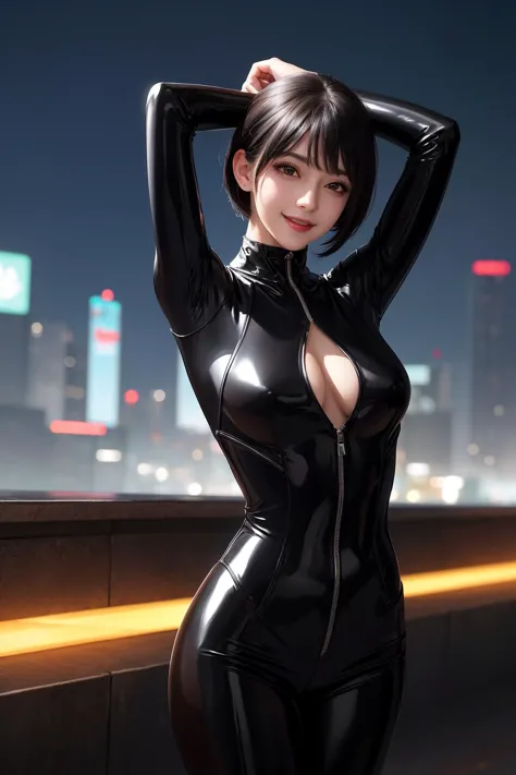 (mature woman:1.3), solo, adult, Short black hair, straight bangs, medium breasts, latex black jumpsuit, tight, hands behind head, smile, cyberpunk city in background, (high quality), (best quality), (detailed), perfect lighting, detailed face, detailed bo...