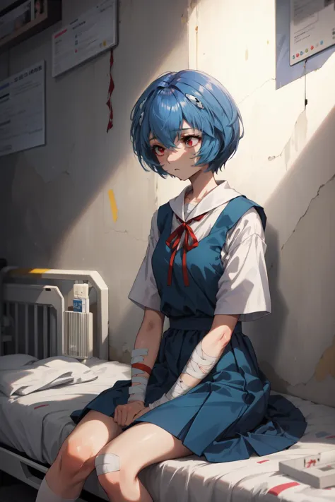 masterpiece,best quality,1girl,rei ayanami,blue hair,short hair,red eyes,blue dress,dress,neck ribbon,pinafore dress,red ribbon,...