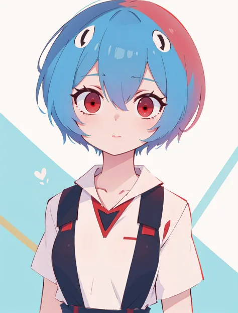 anime girl with blue hair and red eyes in a white shirt