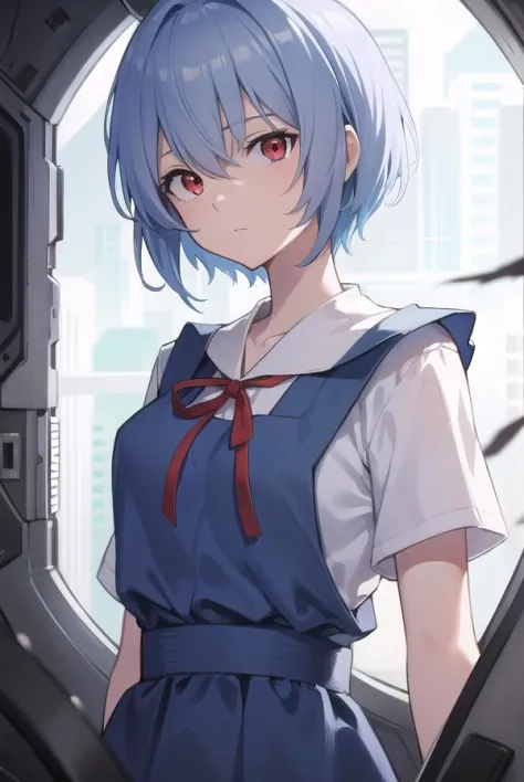 reiayanami, rei ayanami, blue hair, short hair, (red eyes:1.5),
BREAK blue dress, dress, neck ribbon, pinafore dress, red ribbon, ribbon, , short sleeves, short-sleeved sweater, sweater,
BREAK outdoors, city,
BREAK looking at viewer, 
BREAK (masterpiece:1.2), best quality, high resolution, unity 8k wallpaper, (illustration:0.8), (beautiful detailed eyes:1.6), extremely detailed face, perfect lighting, extremely detailed CG, (perfect hands, perfect anatomy),