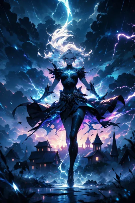 a woman in a black dress standing in front of a lightning storm