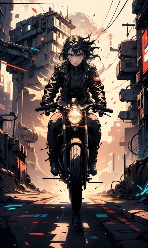 Masterpiece, high quality, 1girl, beautiful girl wearing leather jacket, masterpiece, detailed face, riding a white bike, Hand d...