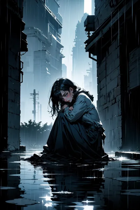 a woman sitting on the ground in a city with a rain