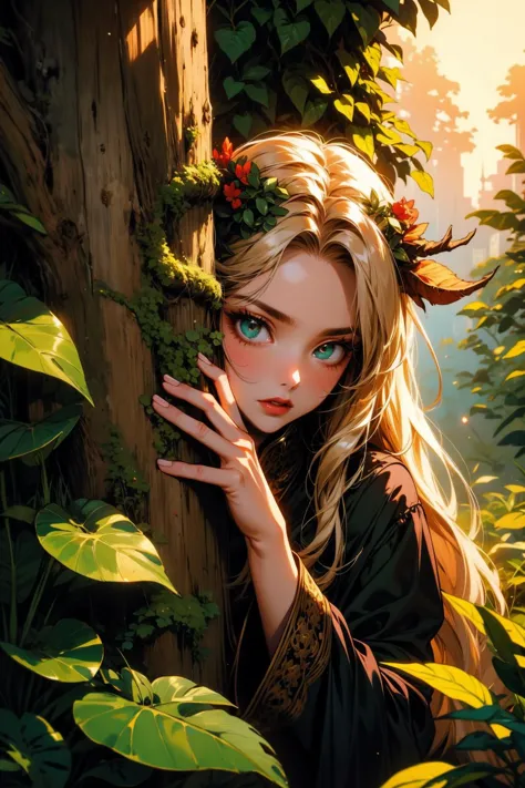 a girl with blue eyes and a flower crown on her head is leaning against a tree