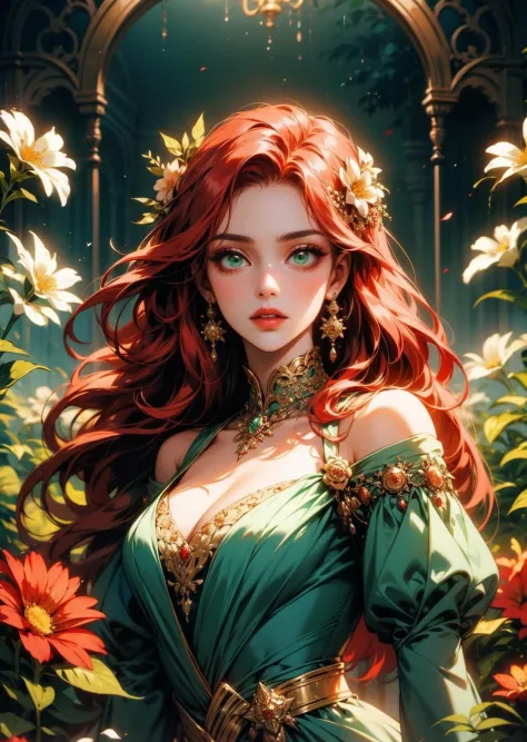 a captivating woman adorned in a vibrant dress crafted from an array of colorful flowers. Emphasize her striking red hair and mesmerizing green eyes. Create intricate floral hair ornaments, showcasing a harmonious blend of diverse blooms. Surround her with...