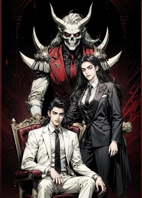 official art, unity 8k wallpaper, ultra detailed, beautiful and aesthetic, High quality, beautiful, masterpiece, best quality, 1man, handsome man with black hair, long hair:1, sitting on a chair, smirk, evil stare, elegant pose, black and red suit, back ti...