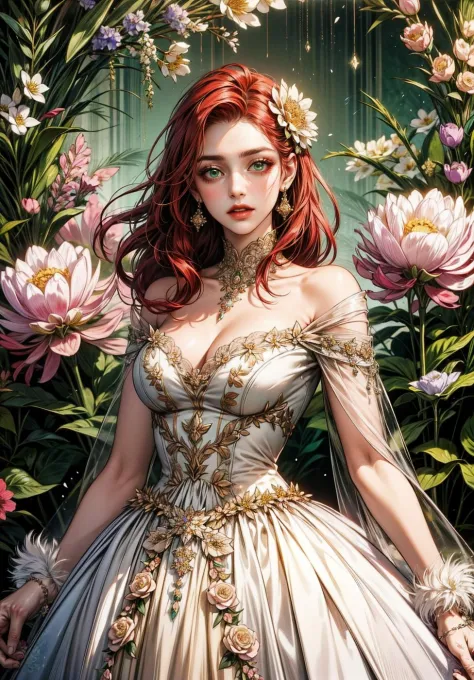 a captivating woman adorned in a vibrant dress crafted from an array of colorful flowers. Emphasize her striking red hair and mesmerizing green eyes. Create intricate floral hair ornaments, showcasing a harmonious blend of diverse blooms. Surround her with...