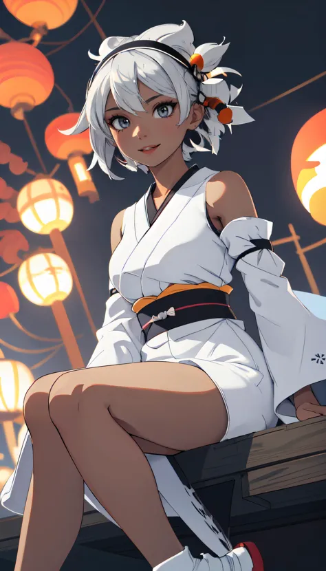 a woman in a white dress sitting on a ledge with lanterns in the background