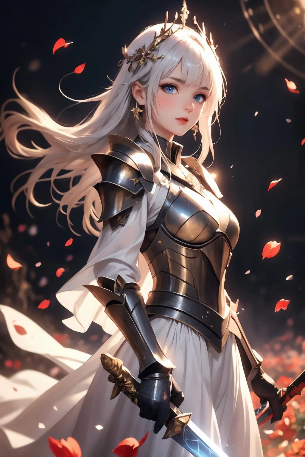 1girl, armor, armored dress, bangs, blue eyes, blush, breastplate, breasts, cowboy shot, dress, earrings, faulds, floating hair, flower, gauntlets, gem, glint, gloves, glowing, glowing sword, glowing weapon, hair ornament, holding, holding sword, holding weapon, jewelry, light particles, long hair, long sleeves, looking at viewer, medium breasts, parted lips, pauldrons, petals, shoulder armor, single pauldron, solo, sparkle, standing, swept bangs, sword, vambraces, weapon, white dress, white hair
 