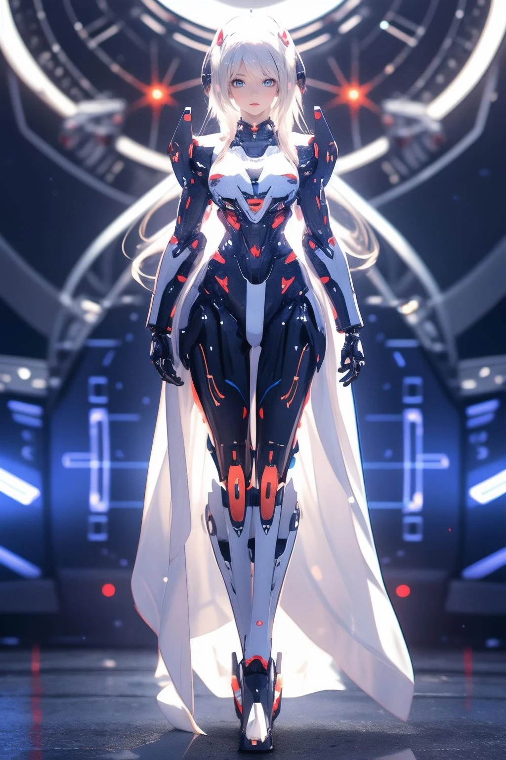 1girl, Arcana, android, breasts, full body, halo, joints, looking at viewer, mecha musume, mechanical parts, robot joints, science fiction, solo, standing, white hair
