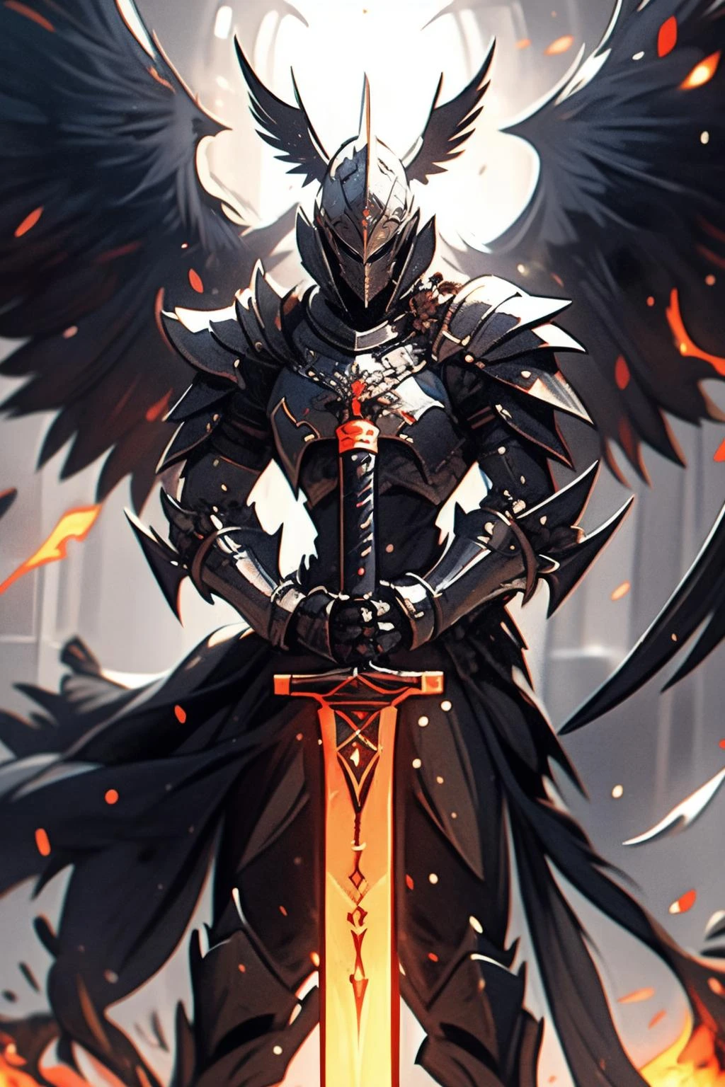 1boy, Arcana, armor, black wings, breastplate, embers, full armor, gauntlets, glowing, greaves, helmet, holding, holding sword, holding weapon, knight, male focus, pauldrons, shoulder armor, solo, standing, sword, weapon, wings
