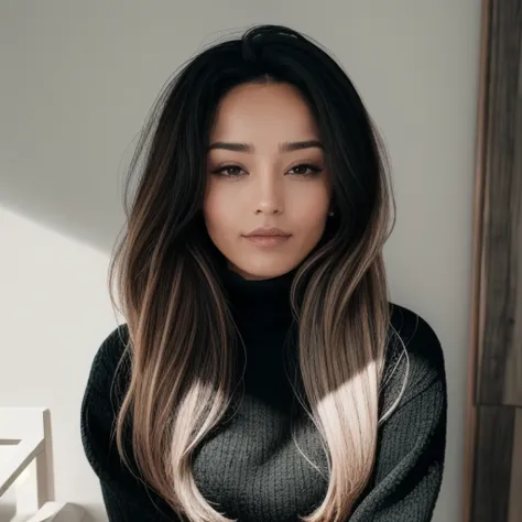 a woman with long hair and a black turtle neck sweater