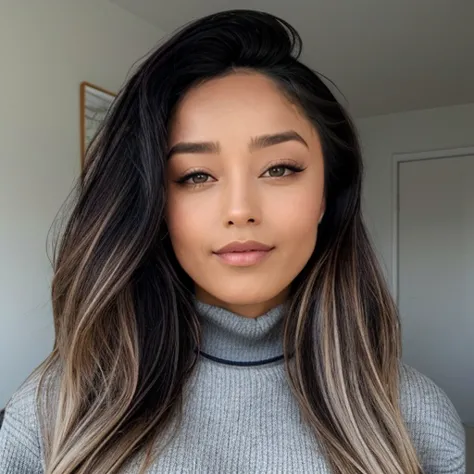 a woman with long hair and a turtle neck sweater