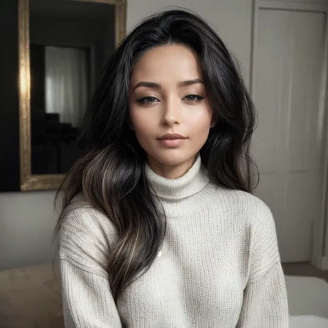 a woman with long hair and a turtle neck sweater sitting on a couch