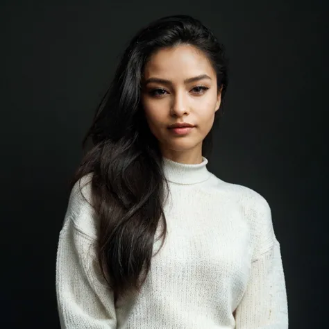 a close up of a woman with long hair wearing a white sweater