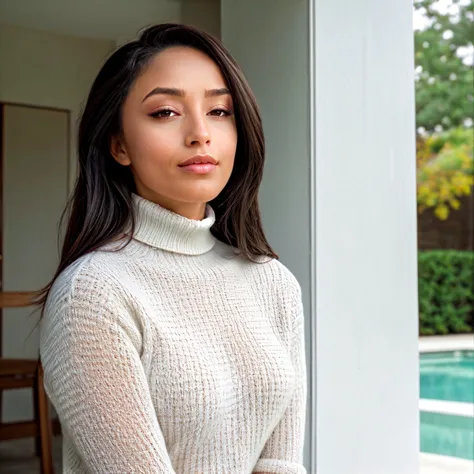 arafed woman in a white turtleneck sweater standing by a pool