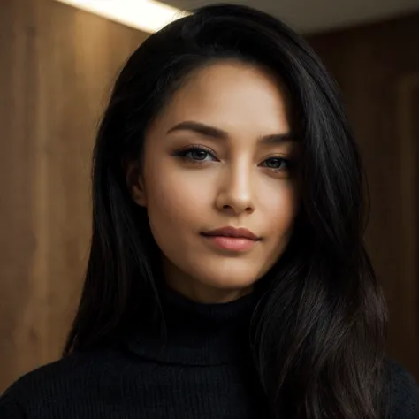 a close up of a woman with long black hair and a black turtle neck