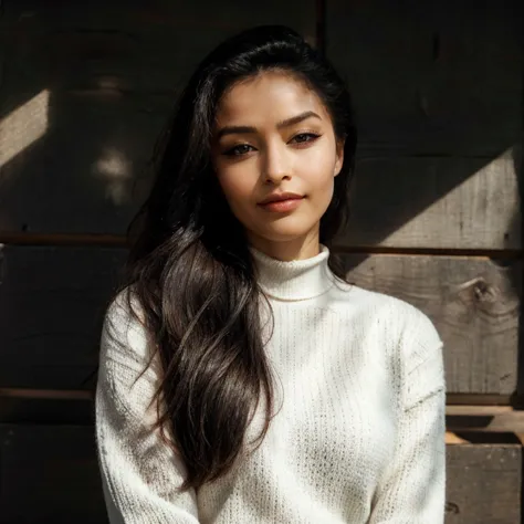 a close up of a woman in a white sweater and jeans