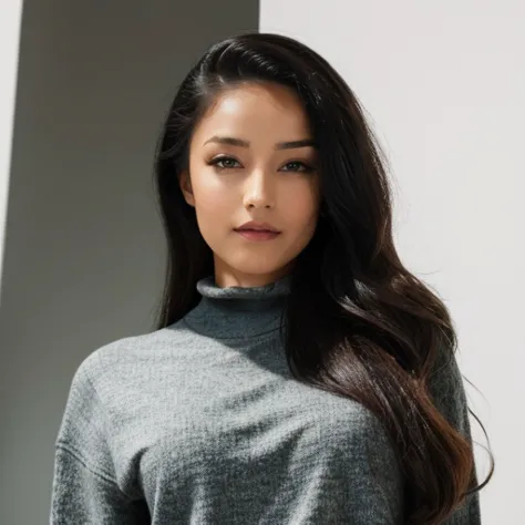 a woman with long hair wearing a grey turtle neck sweater