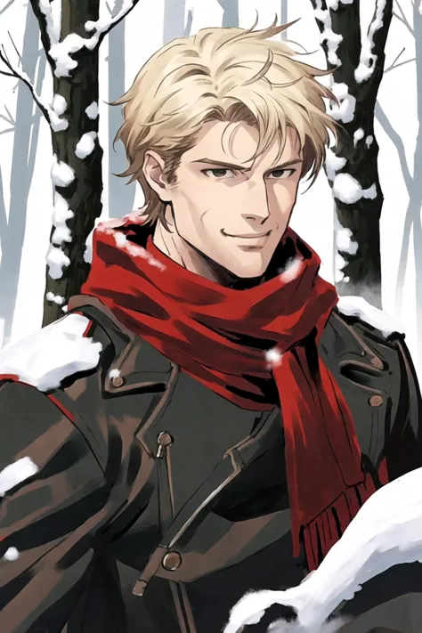 best quality, mature male, solo upper body, male side face focus,
blond hair, black eye, best detailed face, smile,
black leather coat, hoodie with fur, red scarf,
snow, winter snow storm, wind, (snowy forest:1.3), cold zone, trees,
in forest, withered bush