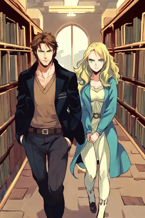 a couple of people walking through a library with bookshelves