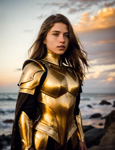 Photography, 25yo young angelic woman warrior, at dusk, looking at the horizon, wearing a golden full body armor, beautiful, pre...