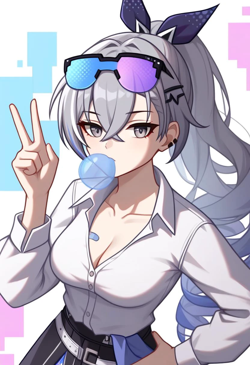 score_9,score_8_up,score_7_up,1girl, solo, upper_body, hand_up, grey_hair, long_hair, ponytail, hairclip, medium_breasts, cleavage, collarbone, sunglasses, absurdres, highres, bandaid_on_breast, black_skirt, blowing_bubbles, blue_skirt, chewing_gum, collared_shirt, commentary, crossed_bangs, dress_shirt, eyewear_on_head, glitch, grey_eyes, hair_between_eyes, hair_ribbon, hand_on_own_hip, long_sleeves, looking_at_viewer, partially_unbuttoned, pleated_skirt, purple_ribbon, signature, silver_wolf_\(honkai:_star_rail\), white_shirt