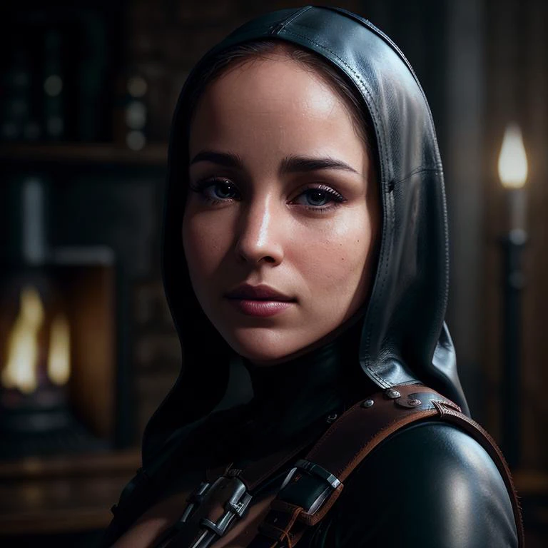 photorealistic, realistic, solo, photorealistic, best quality, high resolution, photo of a nervous512 young woman, (dark Brown eyes:1.2), medium shot, (face focus:1.1),chubby cheeks, ((wearing a warrior nun outfit)), ((leather bodysuit:1.2)), (Leather harness:1.2), black hair,  short hair, pale skin, ((large breasts:1.1)), ((slim body)), cute freckles,  detailed skin texture, glistening skin, sub surface scattering, rim lighting, sharp focus, bokeh, night scene, fire, foggy atmosphere,   