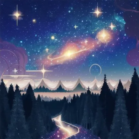 starry_sky, galaxy, solo, glowing, space, sky,  (<lora:galaxy_gods:1>:0.9) (<lora:vectorL:1>:1.5) constellation, galaxy, horizon, skyline, city lights, cloudy sky, (limited vector:0.3), tree,( forest:1.4), night sky, night, <lora:KDAKaiSa:1> (kdakaisa:1.7)