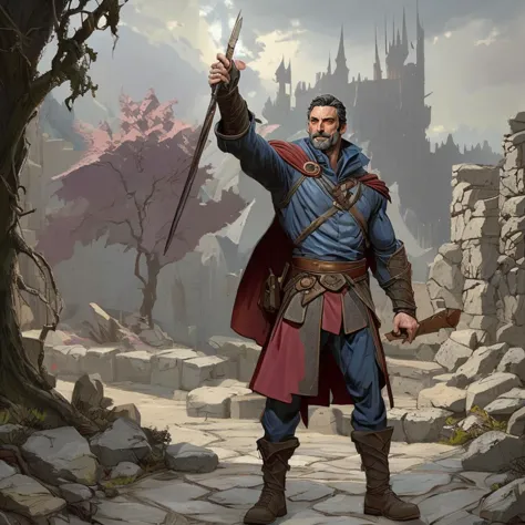 a man in a blue shirt holding a sword standing in front of a castle