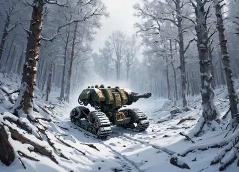 a painting of a tank in the middle of a snowy forest