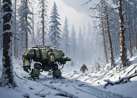 a painting of a man walking through a snowy forest with a giant robot