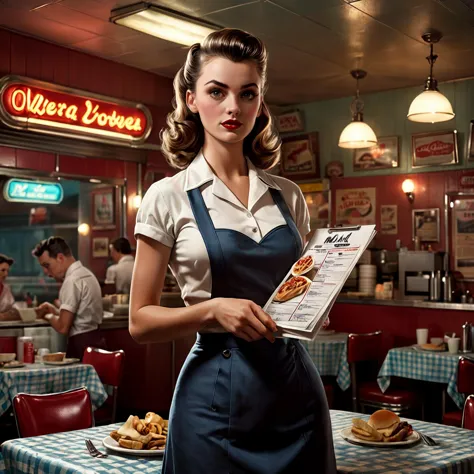 Best quality, masterpiece, ultra high res, (photorealistic:1.4), raw photo, sharp focus,

standing waitress holding a menu, tabl...