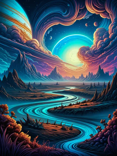 丹·芒福德 (Dan Mumford) 绘制的木星云层插图, 外星景观和植被, 史诗场景, 大量漩涡云, 高曝光率, 非常详细, 实际的, 鲜艳的蓝色, 超高清