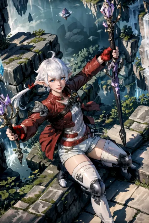 Alisaie Leveilleur, masterpiece, official art, 1girl, solo, long hair, looking at viewer, blue eyes, thighhighs, gloves, ribbon, holding, jacket, hair ribbon, ponytail, weapon,  white hair, boots, outdoors, shorts, pointy ears, belt, sword, fingerless gloves, water, holding weapon, white thighhighs, thigh boots, knee armor, white footwear, elezen, red jacket, red gloves, floating, crystal, white shorts, waterfall, elezen, floating weapon    <lora:Alisae_FFXIV-06:0.8>