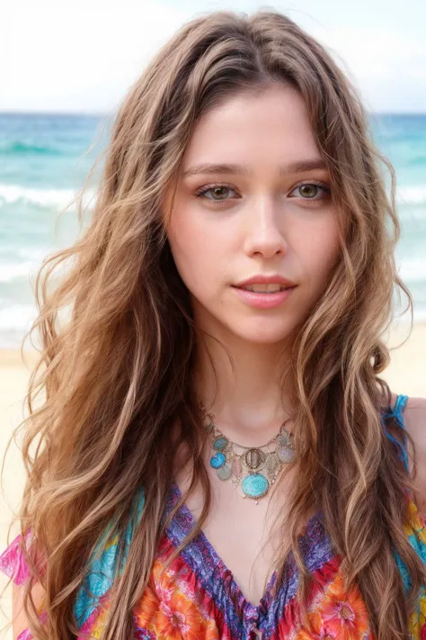 a close up of a woman with long hair on a beach