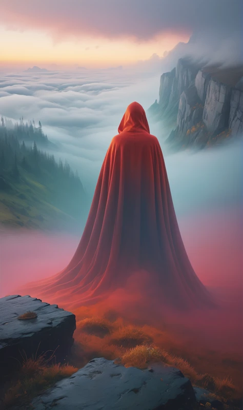 A painting of a red cloaked person standing on top of a mountain ...