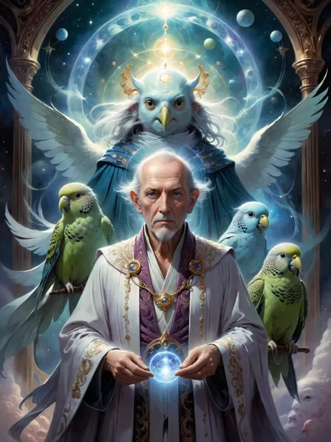 a man holding a crystal ball surrounded by birds and a bird