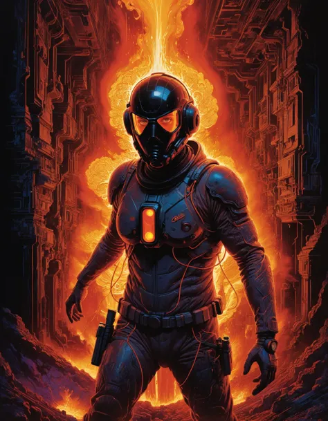 a poster of a man in a space suit standing in front of a fire