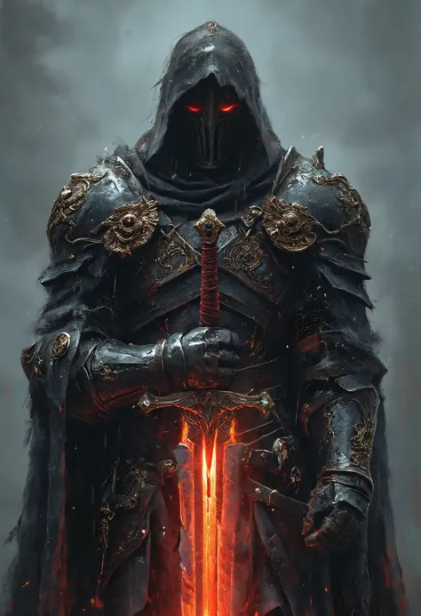 a man in armor holding a sword in front of a dark background