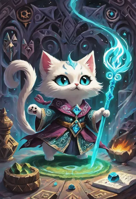 artwork of a {An enchanting image featuring an adorable kitten necromancer wearing intricate ancient robes, holding an ancient s...