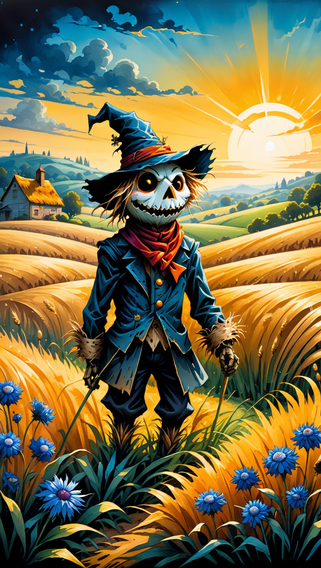 A painting of a scare in a field with corn SeaArt AI