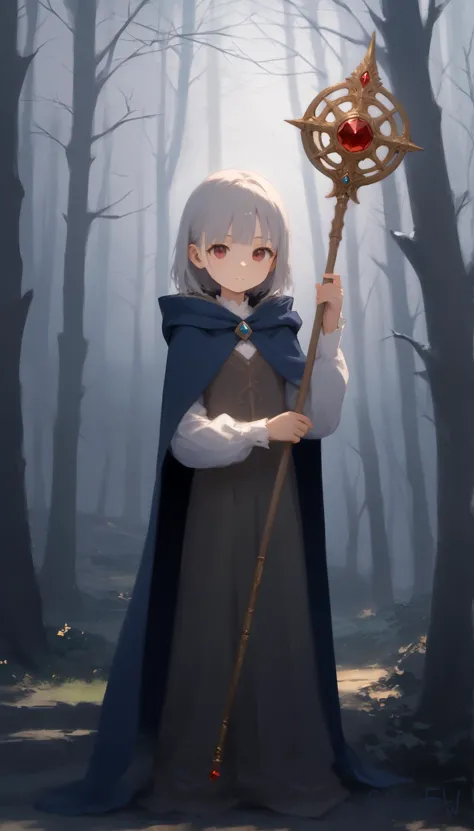 a girl in a cloak holding a golden scept in a forest