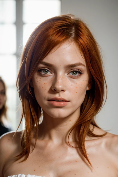((Portrait Photography)),(best quality, high quality, sharp focus:1.4), european beautiful woman, (orange hair:1.1), freckles, mode face, makeup, (light nude lipstick:1.1), look at the viewer, shirt, best quality, realistic , masterpiece